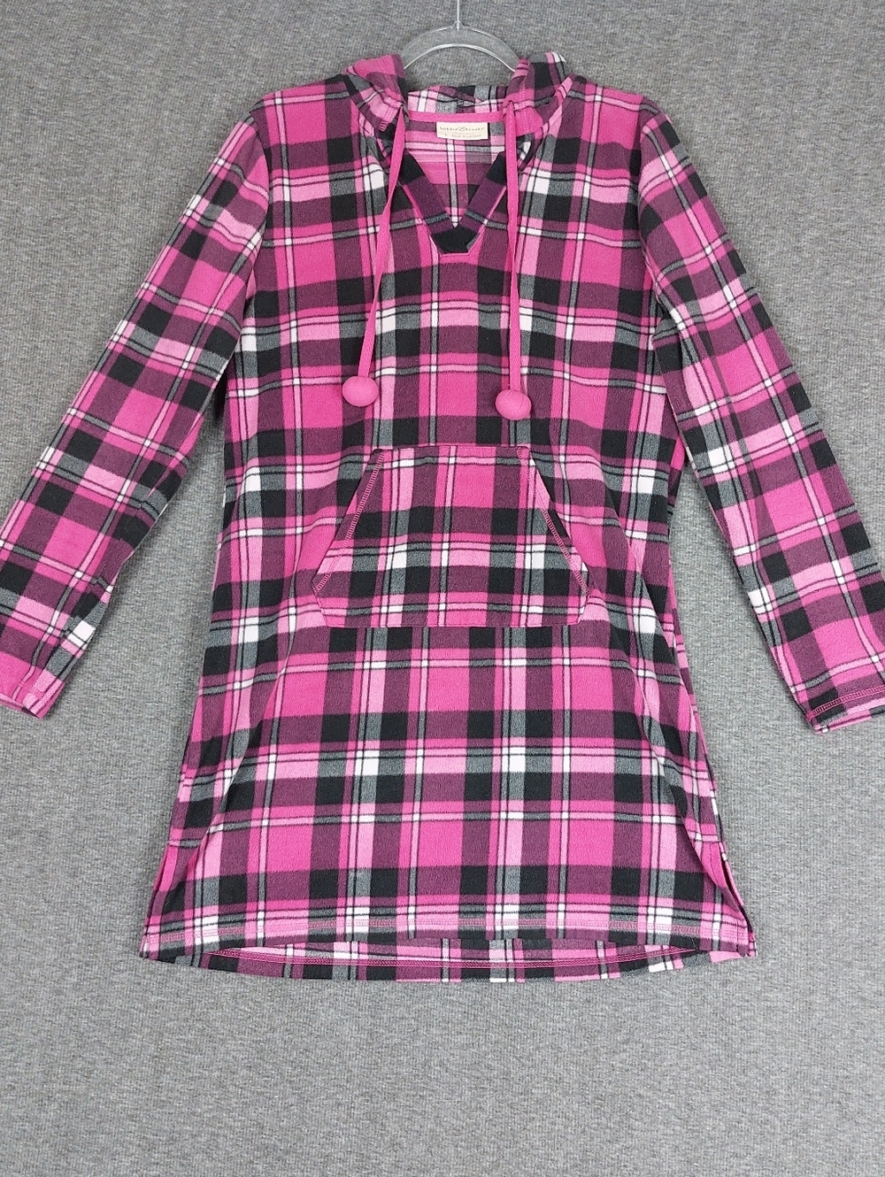 BOBBIE BROOKS SLEEPWEAR WOMENS PINK PLAID FLEECE HOODED LONG SLEEVE NIGHT GOWN L